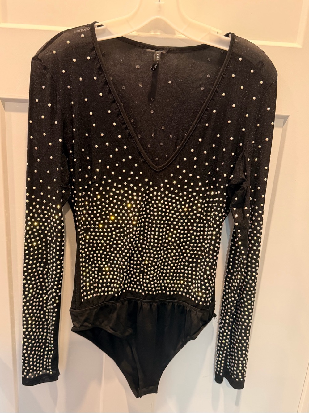 San Joy Rhinestone Pearl Embellished Sheer Mesh Bodysuit Black Long Sleeve L